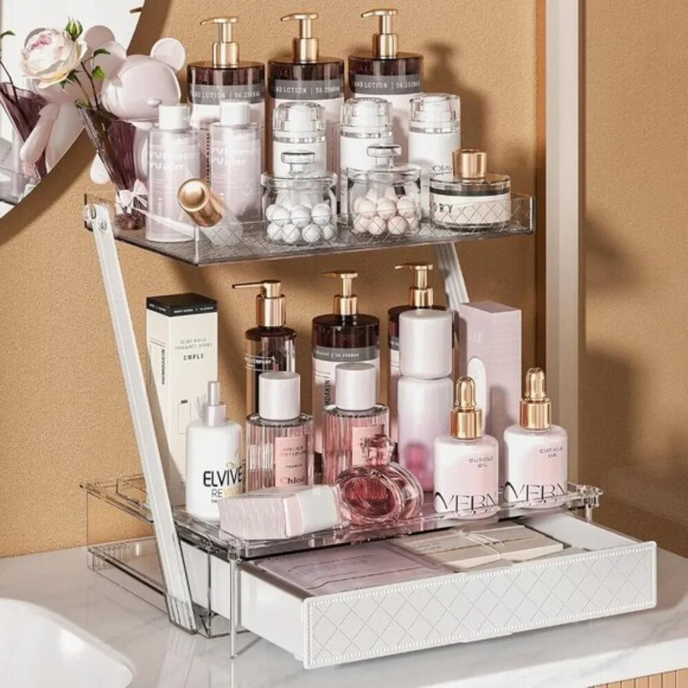 Z-Shaped 2-Tier Bathroom Organizer, Vanity Storage with Sliding Tray & Drawer